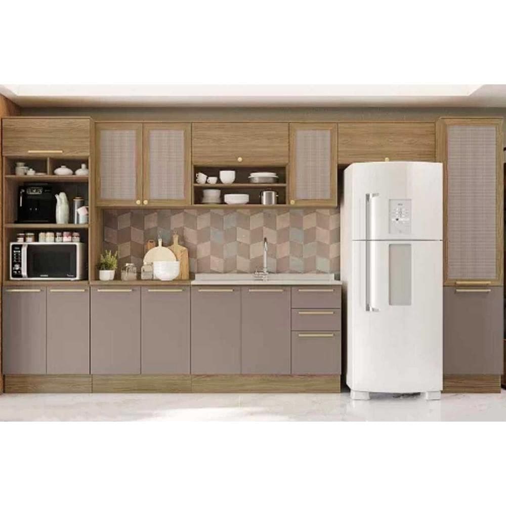 Cozinha Modulada Kappsberg Botanic Botanic 8 Peças (3Aéreos+2Balcões+2Paneleiros+1Complemento) s/Pia M658 Nogueira/Fendi Fosco-Kappesberg