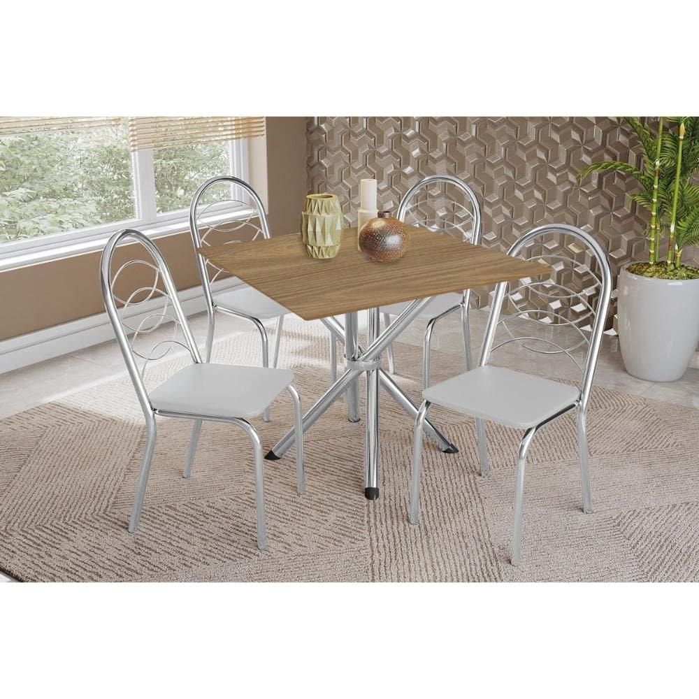 Conjunto: Mesa de Cozinha Volga c/ Tampo de Madeira 90cm e 4 Cadeiras Holanda Cromado/Nogueira - Branco - Kappesberg