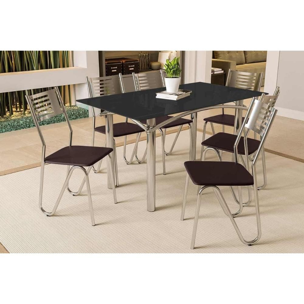 Conjunto: Mesa Sala Jantar Elba Tampo Madeirado c/ Vidro 160cm e 6 Cadeiras Nápoles Cromada/Preto - Courano Marrom - Kappesberg