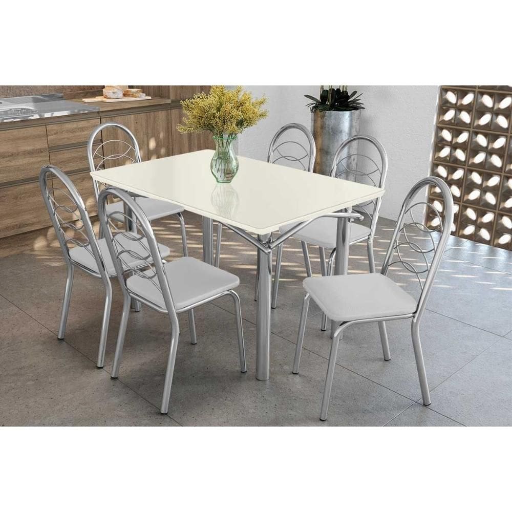 Conjunto: Mesa Sala Jantar Elba Tampo Madeirado c/ Vidro 120cm e 6 Cadeiras Holanda Cromada/Off White - Courano Branco - Kappesberg