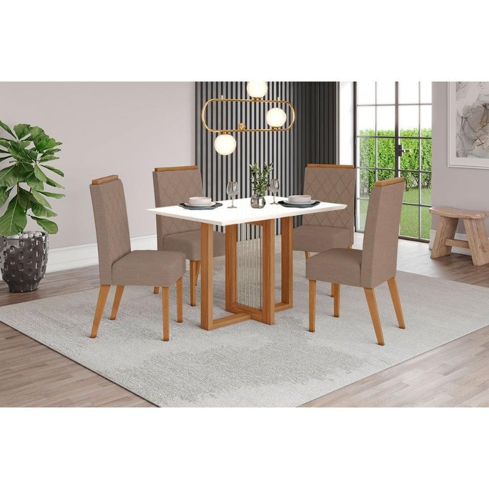 Conjunto: Mesa de Cozinha Natalí c/ Tampo Madeirado 120x80cm e 4 Cadeiras Nina Nature/Off White - Suede Marrom - Henn
