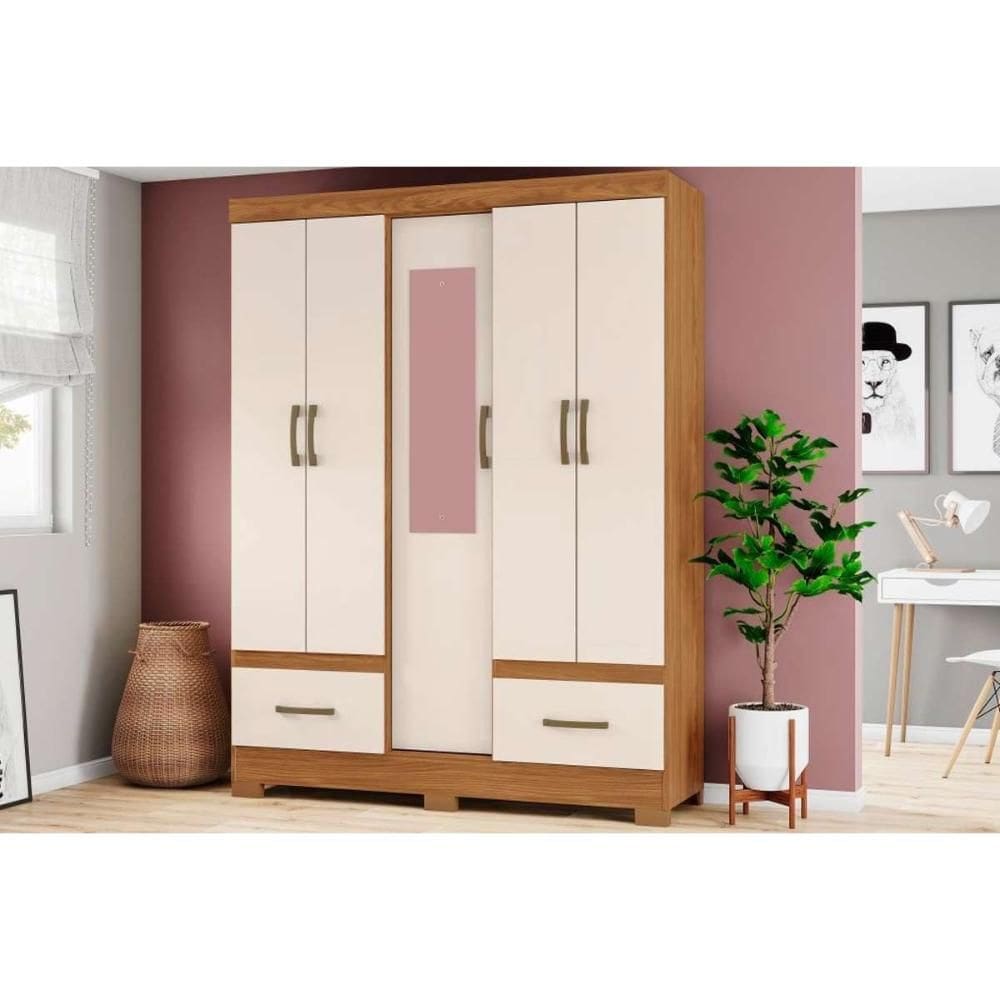 Guarda Roupa Solteiro 5 Portas (1 c/ Espelho) e 2 Gavetas Briz B60 Nature/Off White - Henn