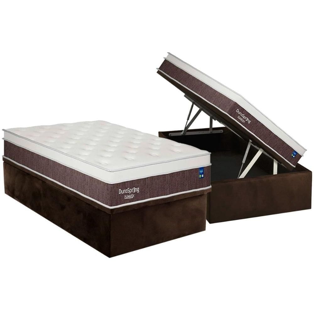Cama Box Baú Solteiro: Colchão Molas Bonnel Plumatex Superlastic DuroSpring + Base CRC Suede Brown (88x188)