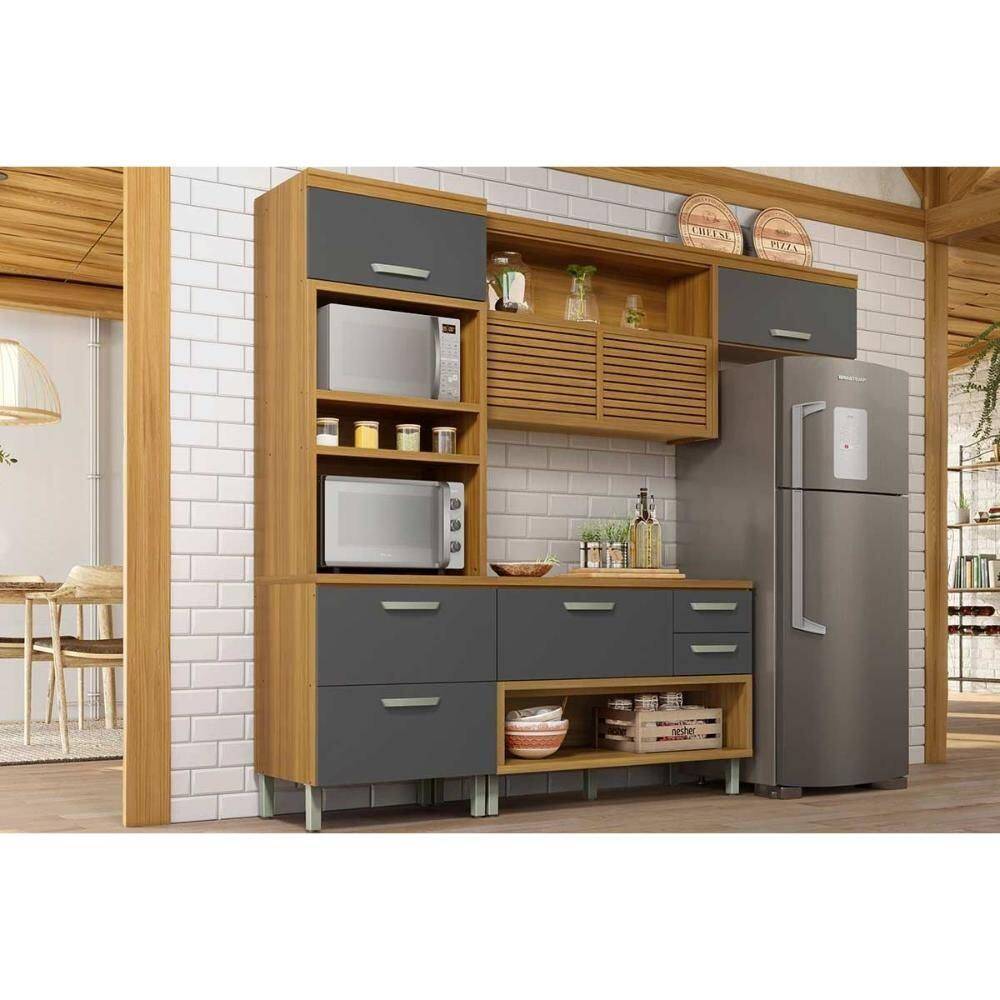 Cozinha Modulada Nesher Princesa 3 Peças (1Aéreo+1Balcão+1Paneleiro) C6P63 Freijo/Grafite-Nesher