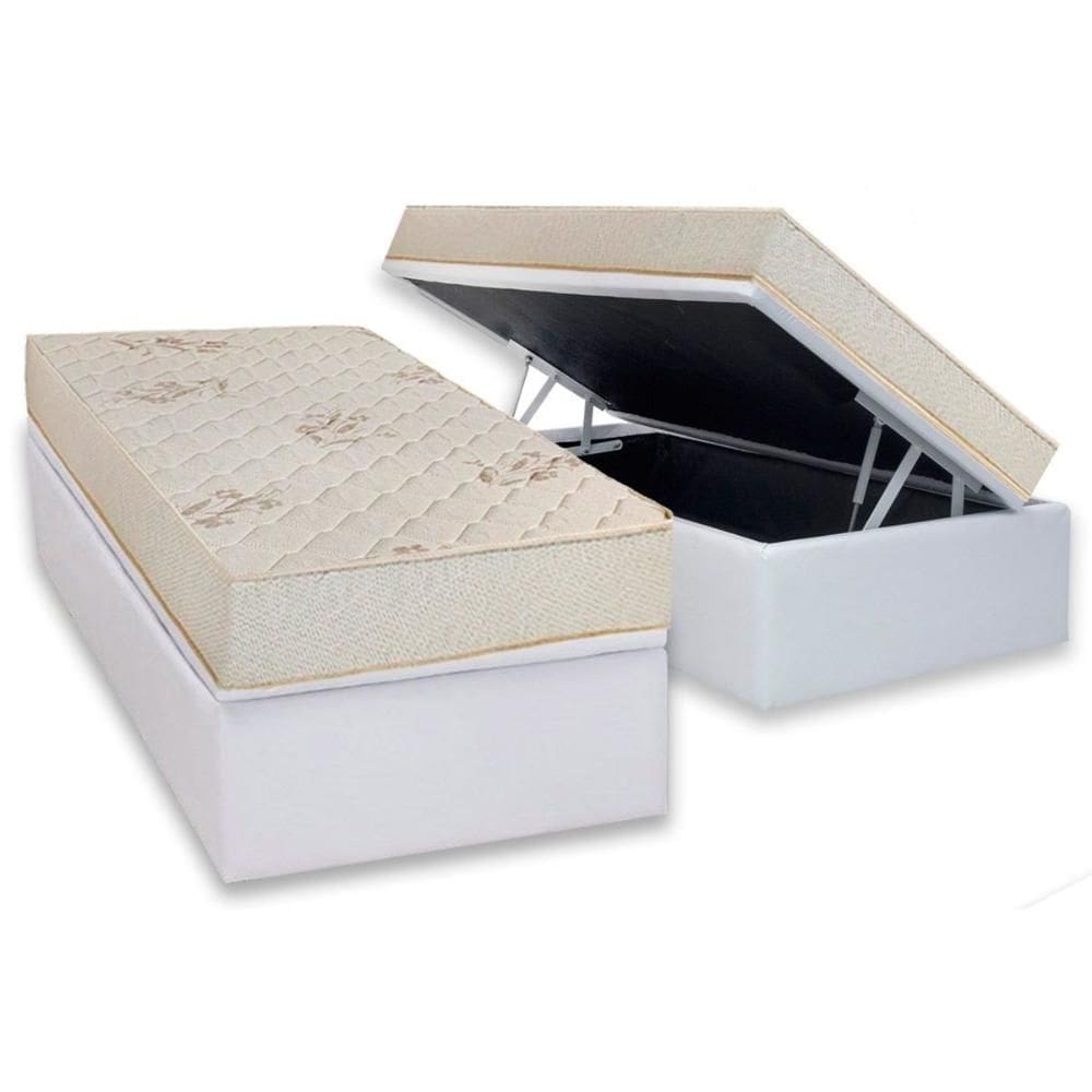 Conjunto Box Baú Solteiro: Colchão Molas Luckspuma D45 Gran Luck Flora Pró Saúde + Base CRC Courano White (88x188)