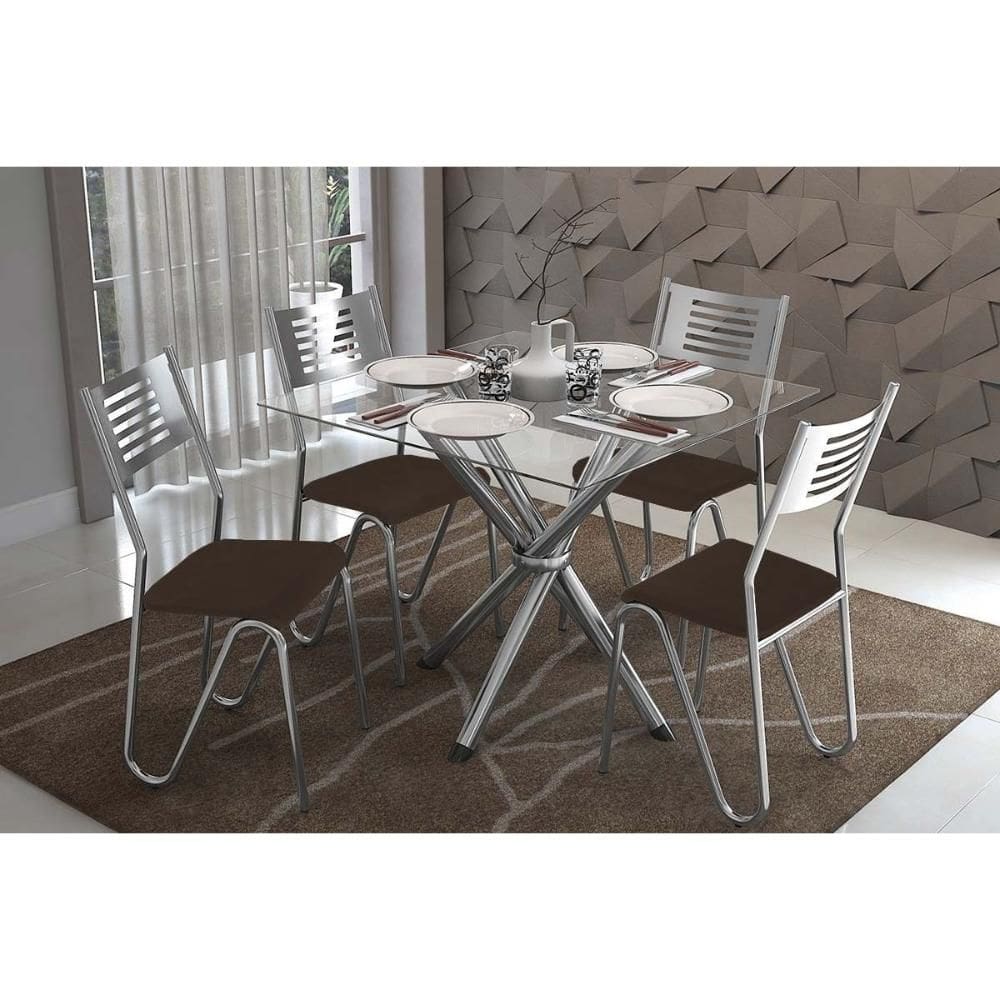 Conjunto: Mesa de Cozinha Volga c/ Tampo de Vidro 90cm e 4 Cadeiras Nápoles Cromada - Marrom - Kappesberg
