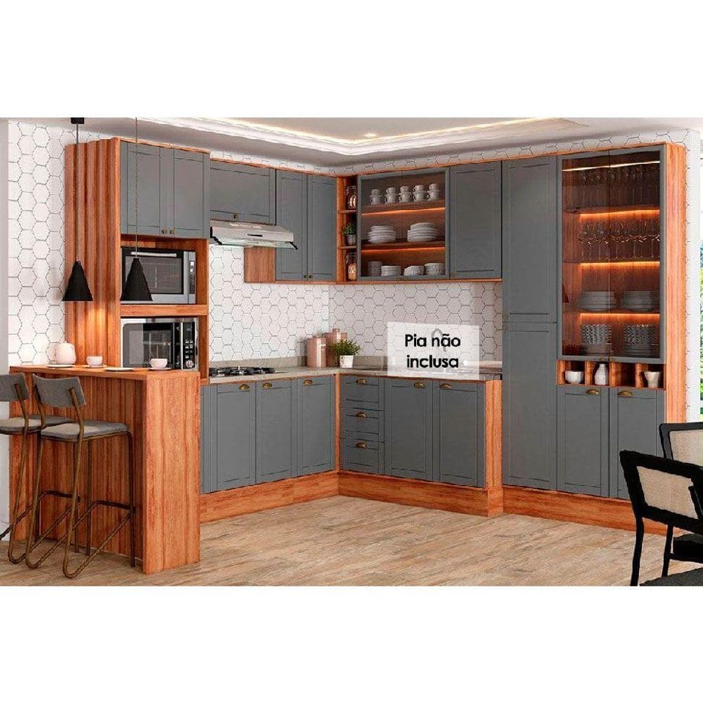 Cozinha Modulada Carraro Bella 11 Peças (3Aéreos+3Balcões+1Paneleiro+1TorreQuente+1Cristaleira+1Ilha+1Complemento) C11P51 Nogal/Cinza-Carraro