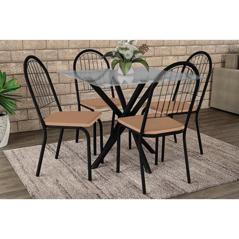 Conjunto: Mesa Sala Jantar Volga c/ Tampo de Vidro 90cm e 4 Cadeiras Noruega Preto - Capuccino - Kappesberg