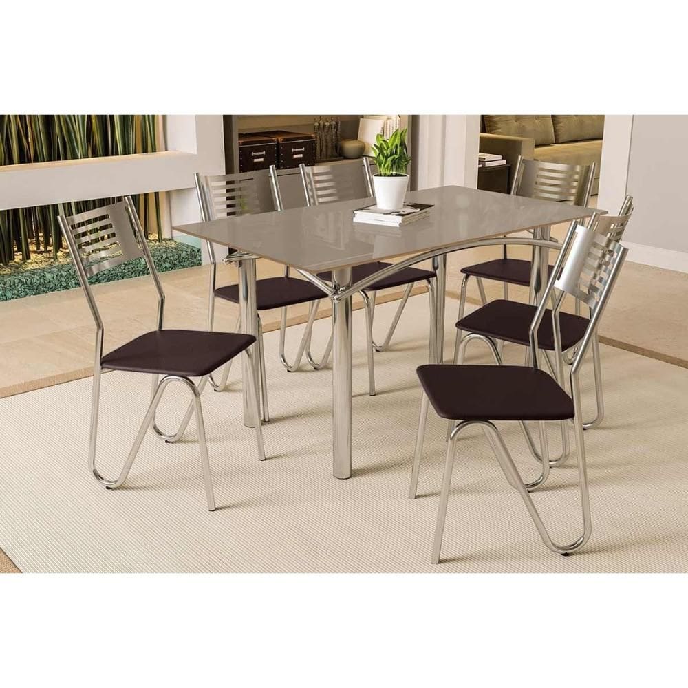 Conjunto: Mesa Sala Jantar Elba Tampo Madeirado c/ Vidro 160cm e 6 Cadeiras Nápoles Cromada/Freijo Bronze - Courano Marrom - Kappesberg