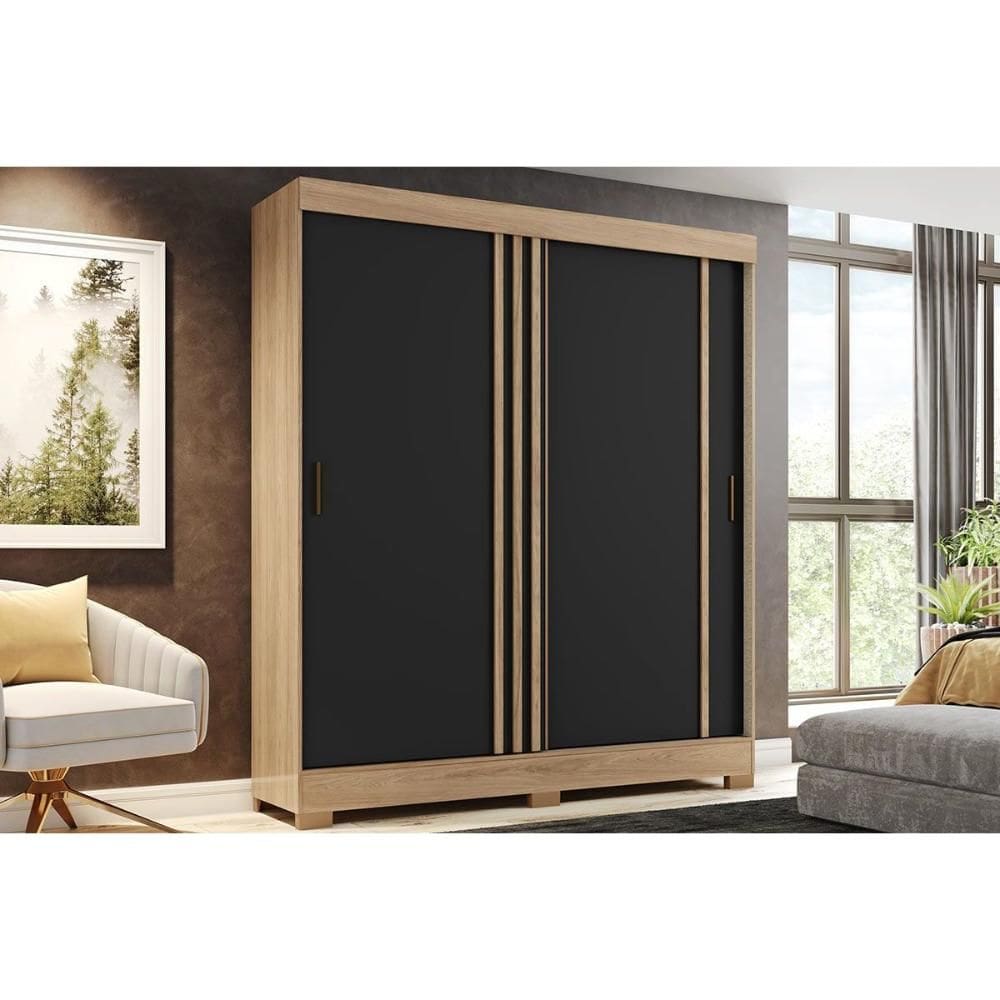 Guarda Roupa 2 Portas de Correr e 2 Gavetas c/ Pés Briz B353 Flex Jequitiba/Jequitiba ou Preto - Henn