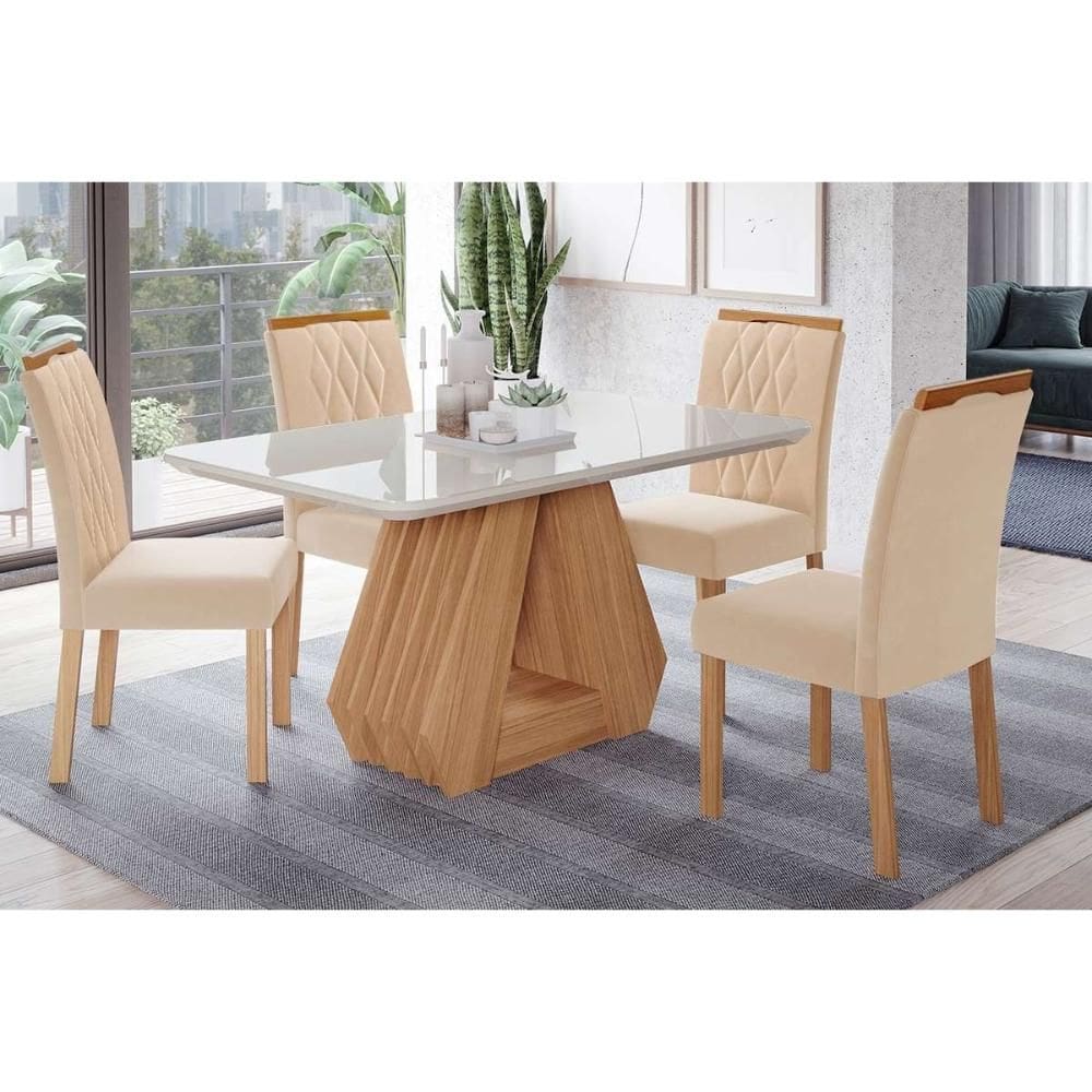 Conjunto: Mesa de Cozinha Ágata Tampo Madeirado c/ Vidro 130x80cm e 4 Cadeiras Juliana Madeirado/Suede Nude Bege - Cimol