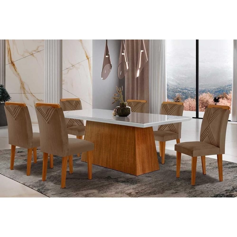Conjunto: Mesa Sala Jantar Luna Tampo Madeirado c/ Vidro Reto 180x90 e 6 Cadeiras Amsterdã Imbuia/Suede Capuccino - Rufato