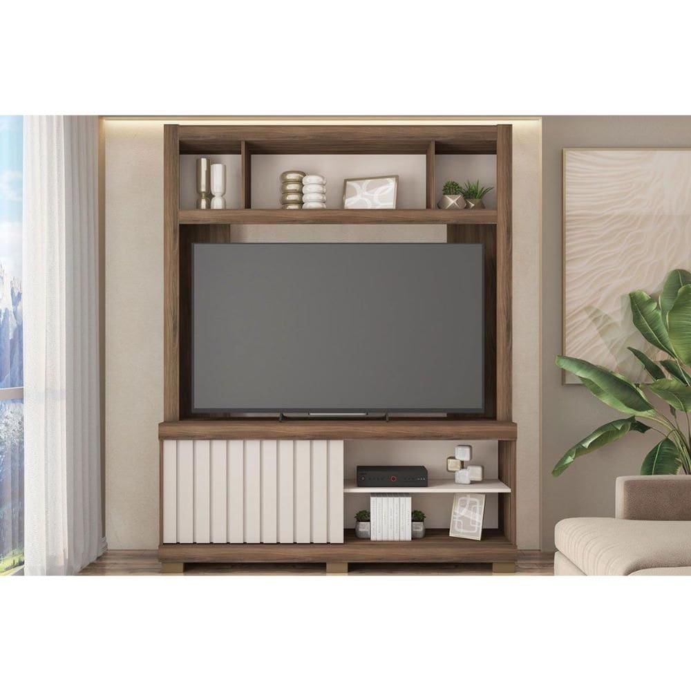 Estante p/ Sala até 65 Pol Cinne c/ Ripado Pés 160x203cm Nogueira San Remo/Off White - Caemmun