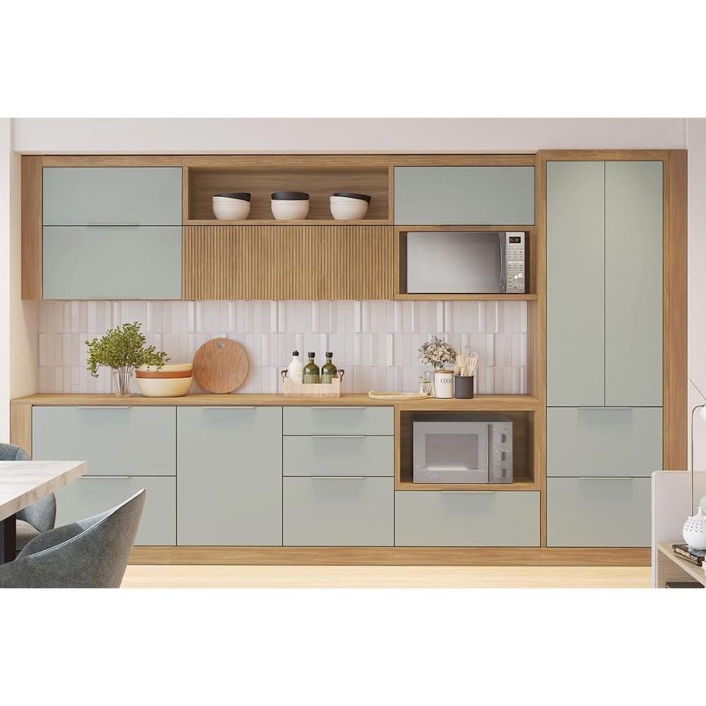 Cozinha Modulada Nesher Marquesa 13 Peças (3Aéreos+3Balcões+1Paneleiro+6Complementos) C6P70 Nature/Verde-Nesher