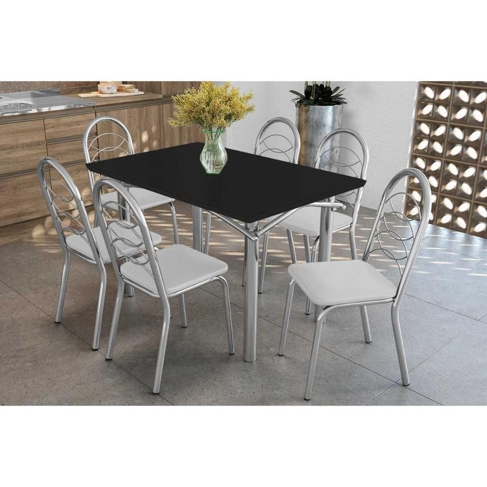 Conjunto: Mesa de Cozinha Elba Tampo Madeirado c/ Vidro 120cm e 6 Cadeiras Holanda Cromada/Preto - Courano Branco - Kappesberg