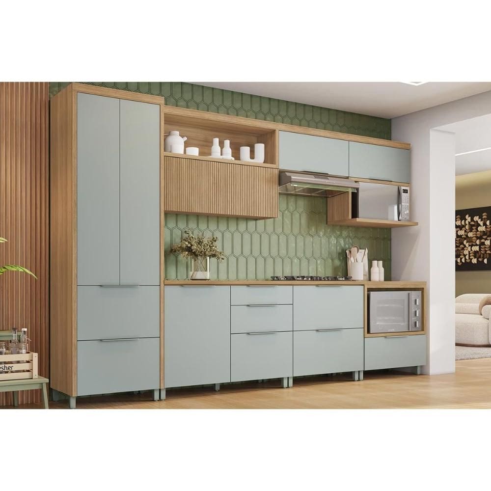 Cozinha Modulada Nesher Marquesa 7 Peças (3Aéreos+3Balcões+1Paneleiro) C6P41 Nature/Verde-Nesher
