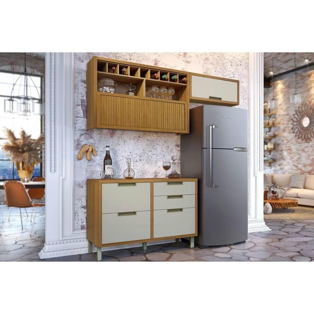 Cozinha Modulada Nesher Imperatriz 3 Peças (2Aéreos+1Balcão) C6P45 Freijo/Off White-Nesher