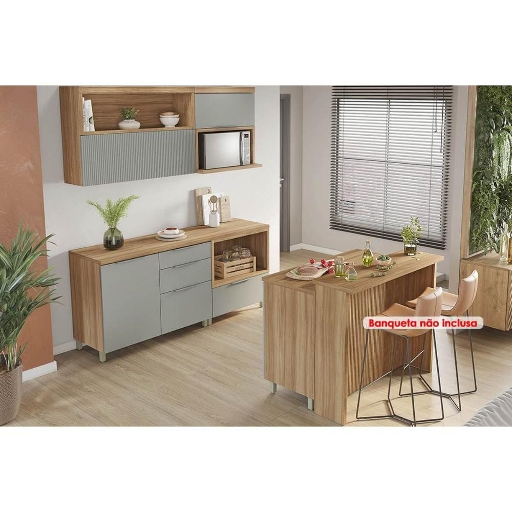Cozinha Modulada Nesher Marquesa 6 Peças (2Aéreos+3Balcões+1Ilha) C6P02 Nature/Verde-Nesher