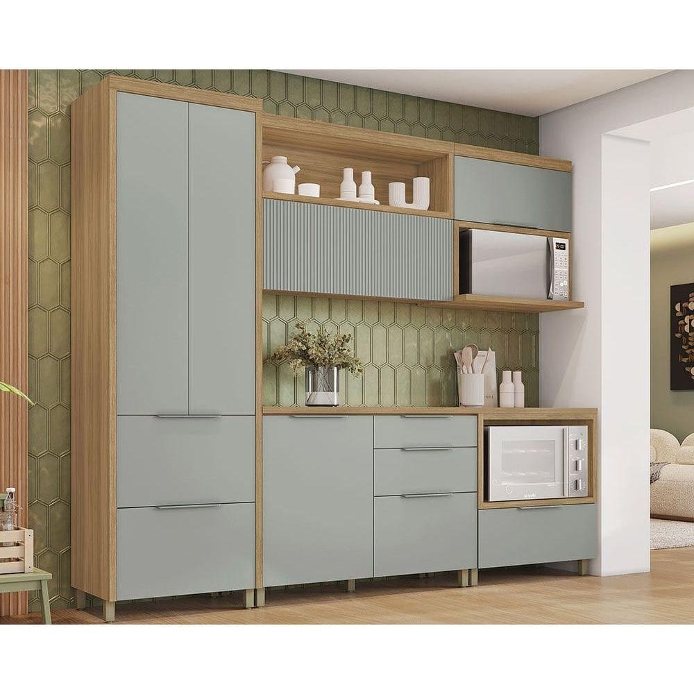 Cozinha Modulada Nesher Marquesa 5 Peças (2Aéreos+2Balcões+1Paneleiro) C5P34 Nature/Verde-Nesher
