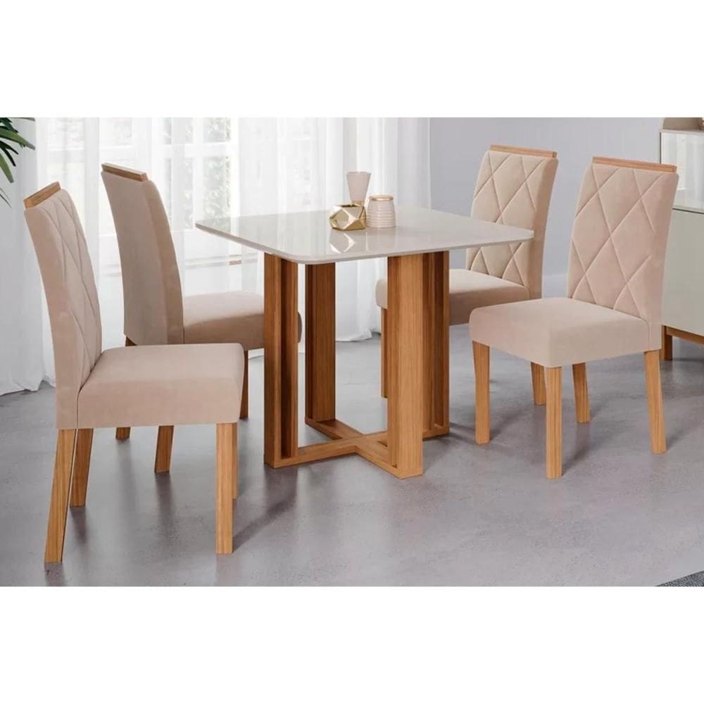 Conjunto: Mesa de Cozinha Flora c/ Tampo Madeirado c/ Vidro 95x95cm e 4 Cadeiras Fernanda Savana-Madeirado/Suede Nude Bege - Cimol
