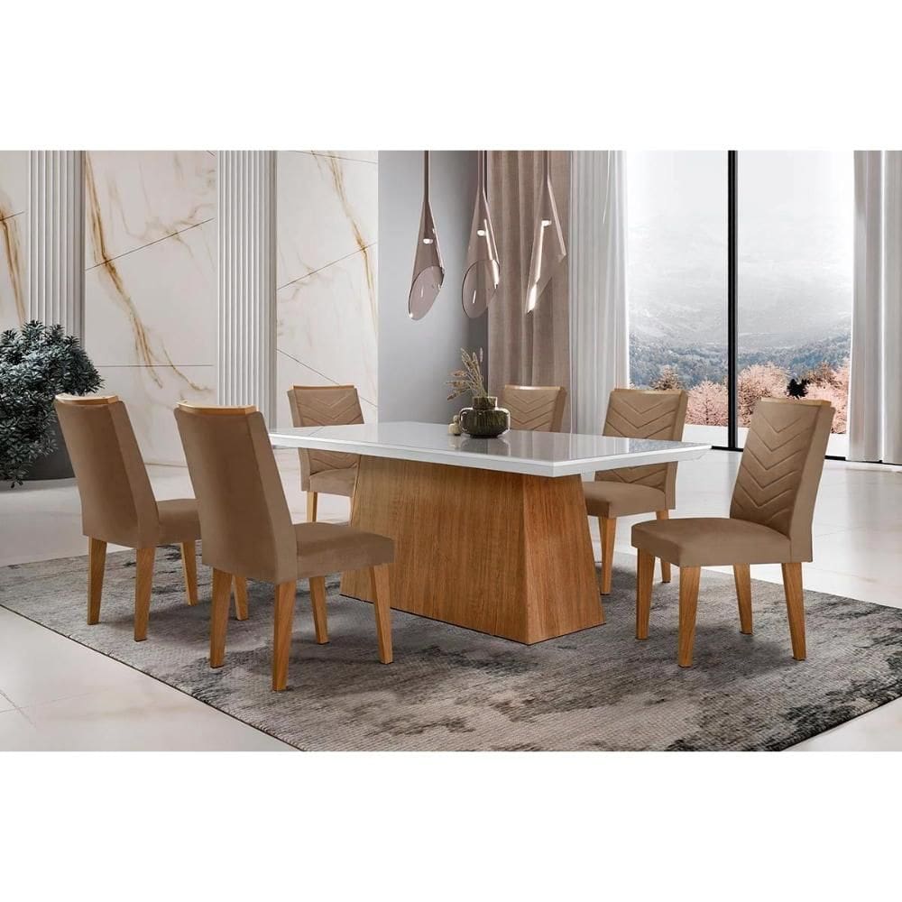Conjunto: Mesa Sala Jantar Luna c/ Tampo de Vidro Canto Curvo 180x90cm e 6 cadeiras Londrina Imbuia/Off White - Suede Capuccino - Rufato