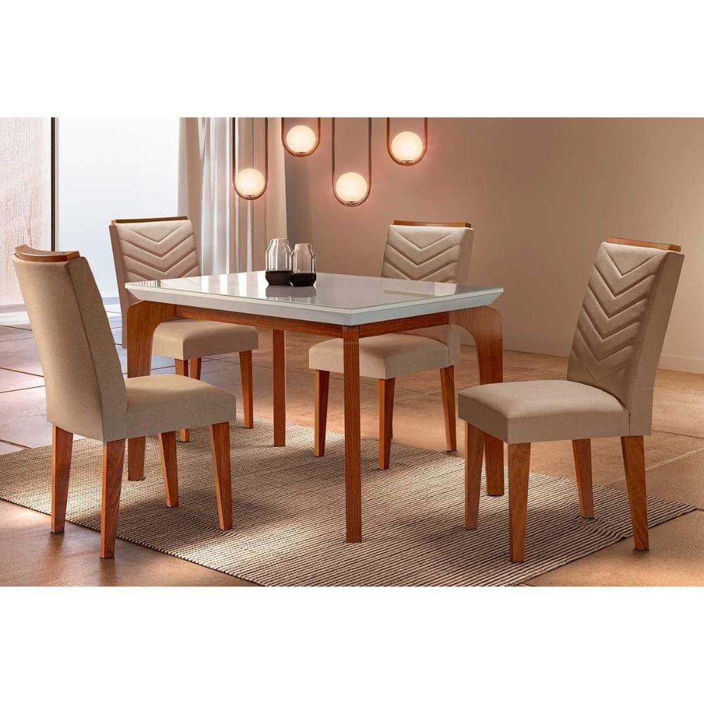 Conjunto: Mesa de Cozinha Londrina Tampo Madeirado c/ Vidro Curvo 120x80 e 4 Cadeiras Londrina Imbuia/Suede Capuccino - Rufato