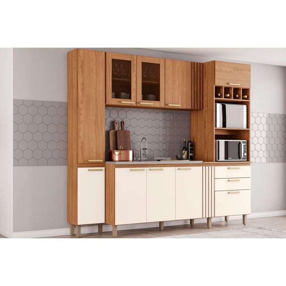 Cozinha Compacta BC01 c/ 10 Portas e 2 Gavetas 236cm Nature/Off White - Henn