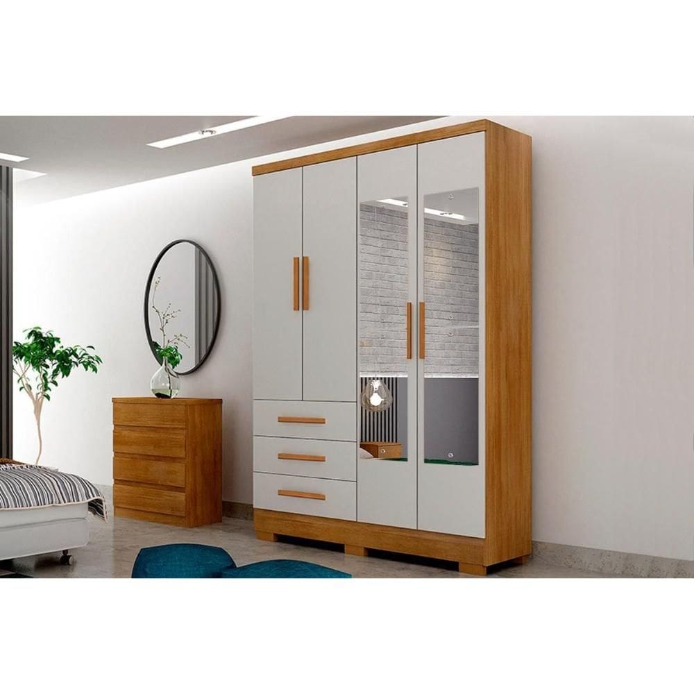 Guarda Roupa Solteiro 4 Portas (2 c/ Espelho) e 3 Gavetas c/ Pés Encanto/Berlim Cumaru/Fendi 25 - Novo Horizonte