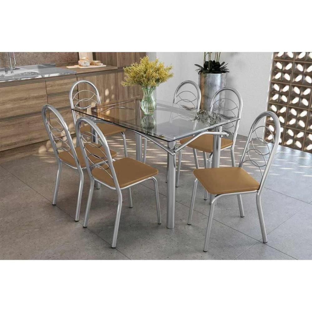 Conjunto: Mesa Sala Jantar Elba c/ Tampo de Vidro 120cm e 6 Cadeiras Holanda Cromada - Courano Capuccino - Kappesberg