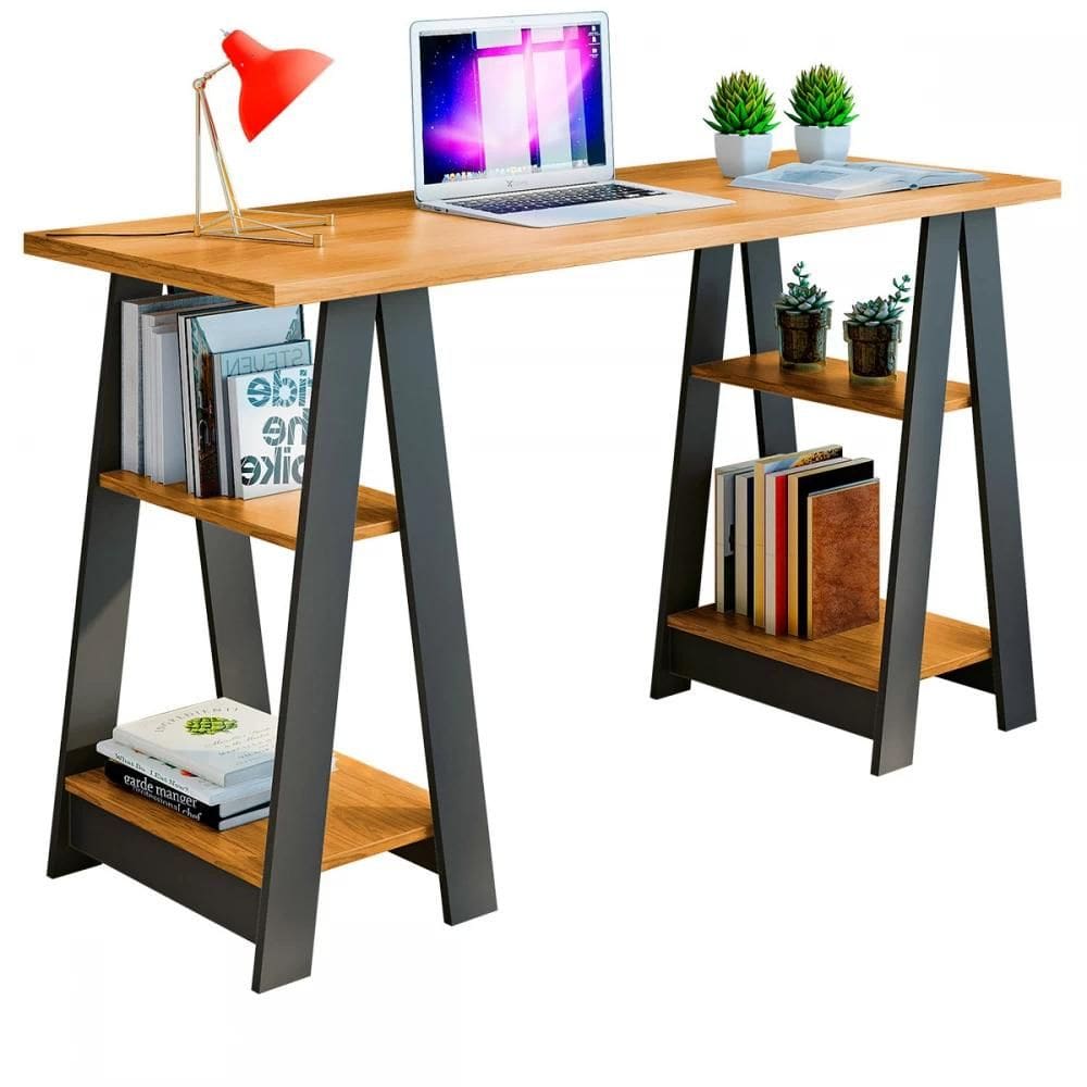 Mesa Escrivaninha com 4 Prateleiras Vigor 136cm Cinamomo/Grafite - JCM Movelaria