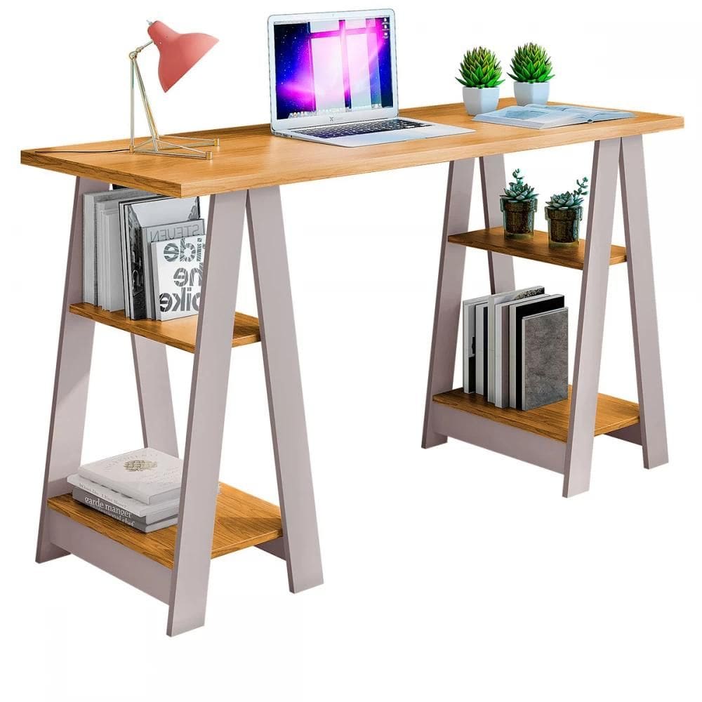 Mesa Escrivaninha com 4 Prateleiras Vigor 136cm Cinamomo/Off White - JCM Movelaria