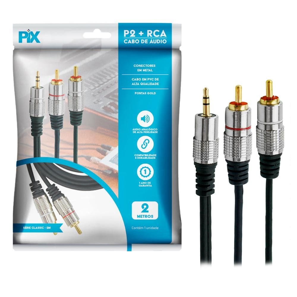 Cabo Conversor de Audio P2 x RCA Duplo - Ideal p/aparelhos MP3, MP4, Ipod - 2 Metros - PIX-018-0702