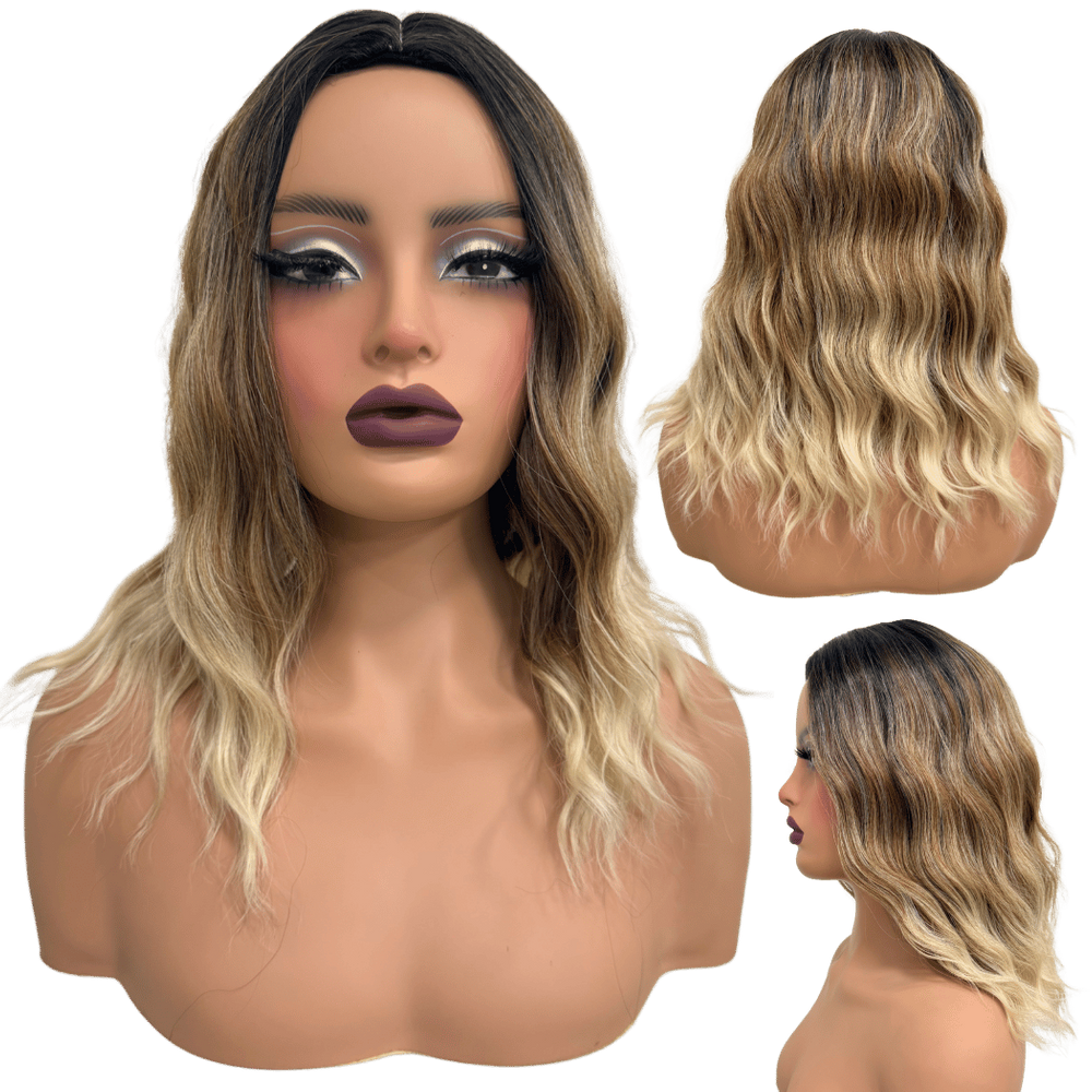 Peruca ombre hair curta média castanho loira com mechas 35cm