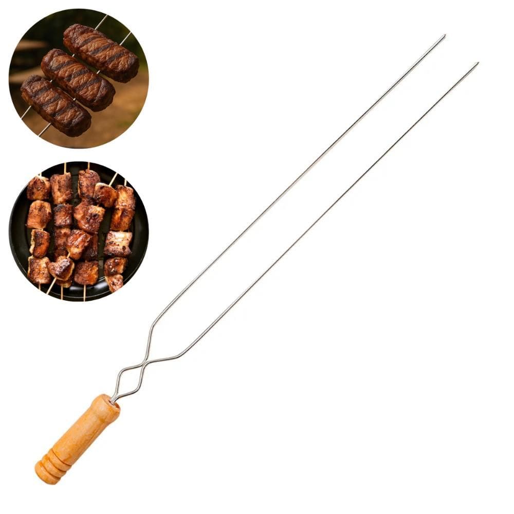 Espeto Duplo Para Churrasco 55cm Alumínio Cabo de Madeira Metalmig