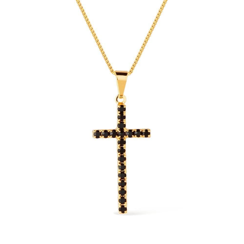 Colar Dourado De Cruz Cravejado De Pedra Natural Negra