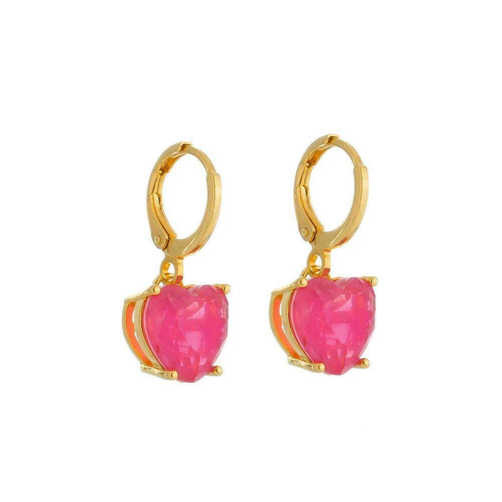 Brinco Dourado Argolinha Pedra De Coração Rosa