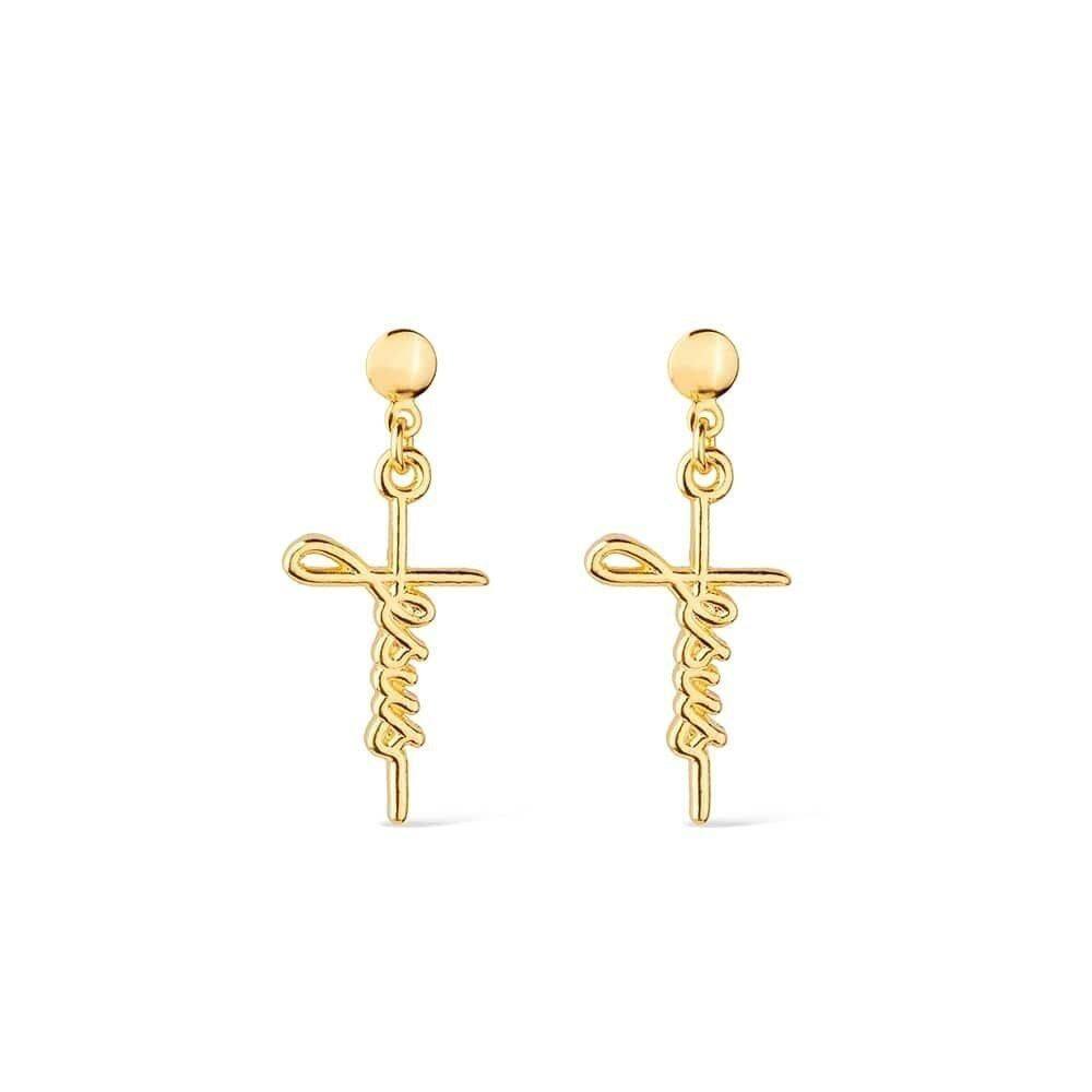Brinco Dourado De Cruz Com A Palavra Jesus