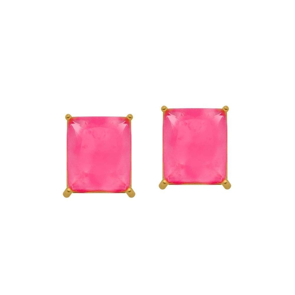 Brinco Dourado De Pedra Retangular Rosa