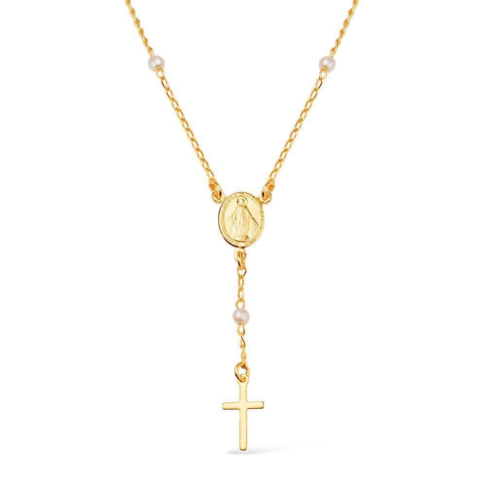 Colar Dourado Religioso Terço Cruz E Pérolas