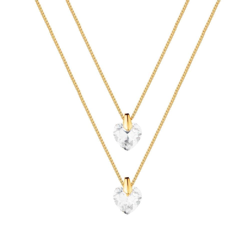 Colar Dourado Duplo De Coração Em Cristal