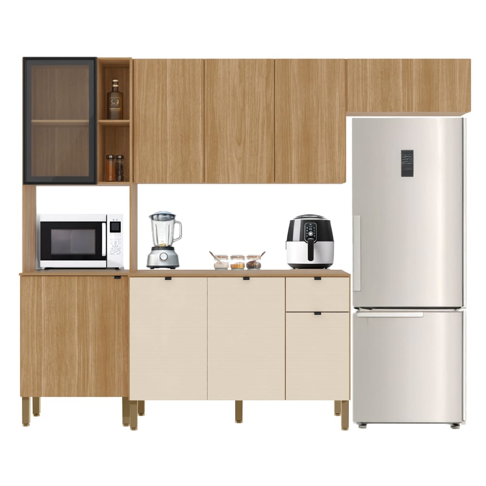 Armário de Cozinha Completa Modulada Com Balcão Nicho Para Micro Ondas Plus Madeirado/Off White