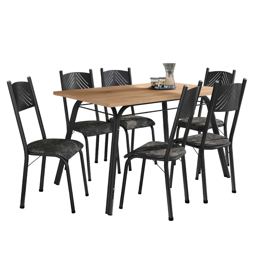 Conjunto de Mesa Sala de Jantar Lotus com 6 Cadeiras Tampo Madeirado 1,36m Preto Floral Artefamol