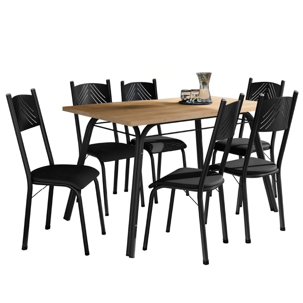 Conjunto de Mesa Sala de Jantar Lotus com 6 Cadeiras Tampo Madeirado 1,36m Preto Artefamol