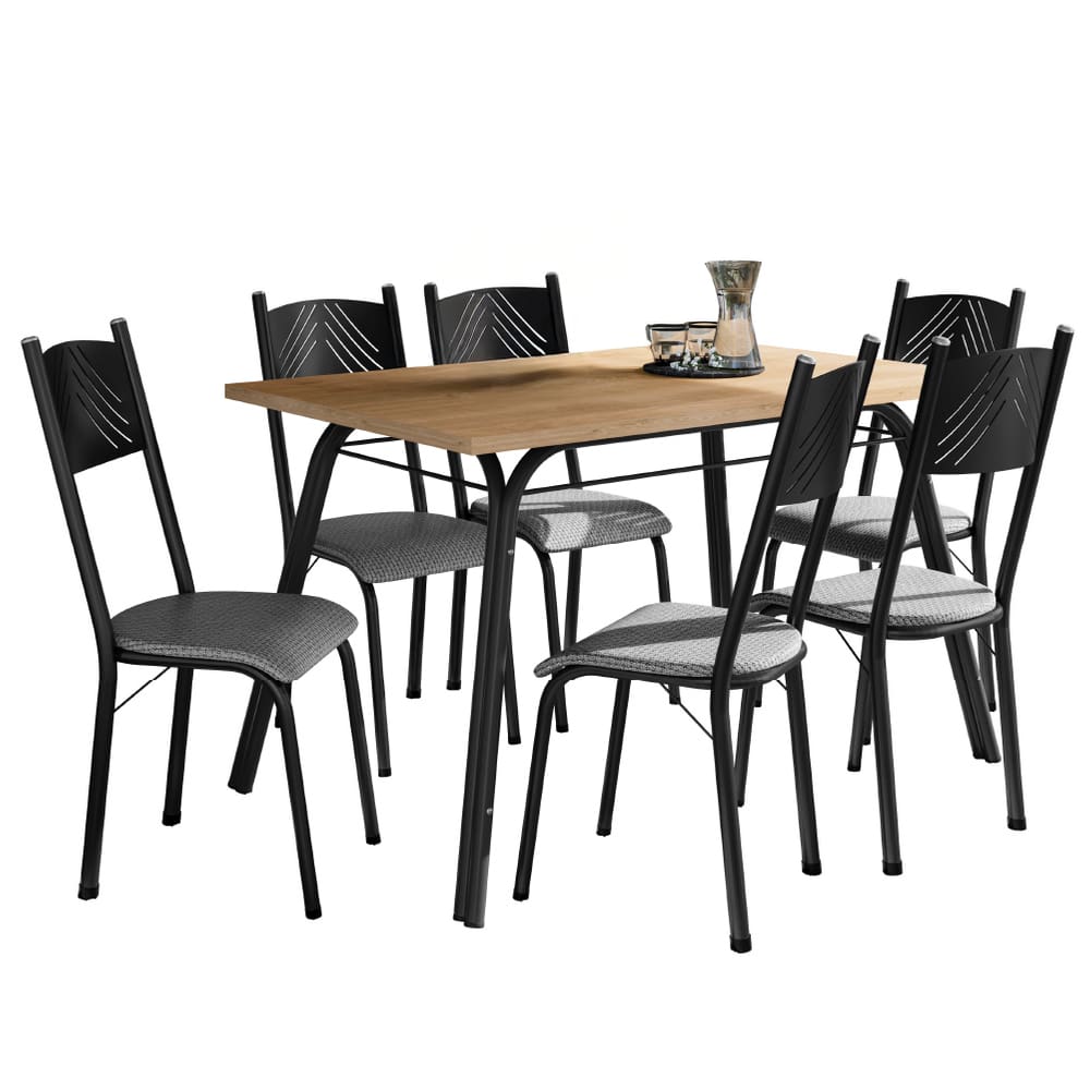 Conjunto de Mesa Sala de Jantar Lotus com 6 Cadeiras Tampo Madeirado 1,36m Preto/Platina Artefamol