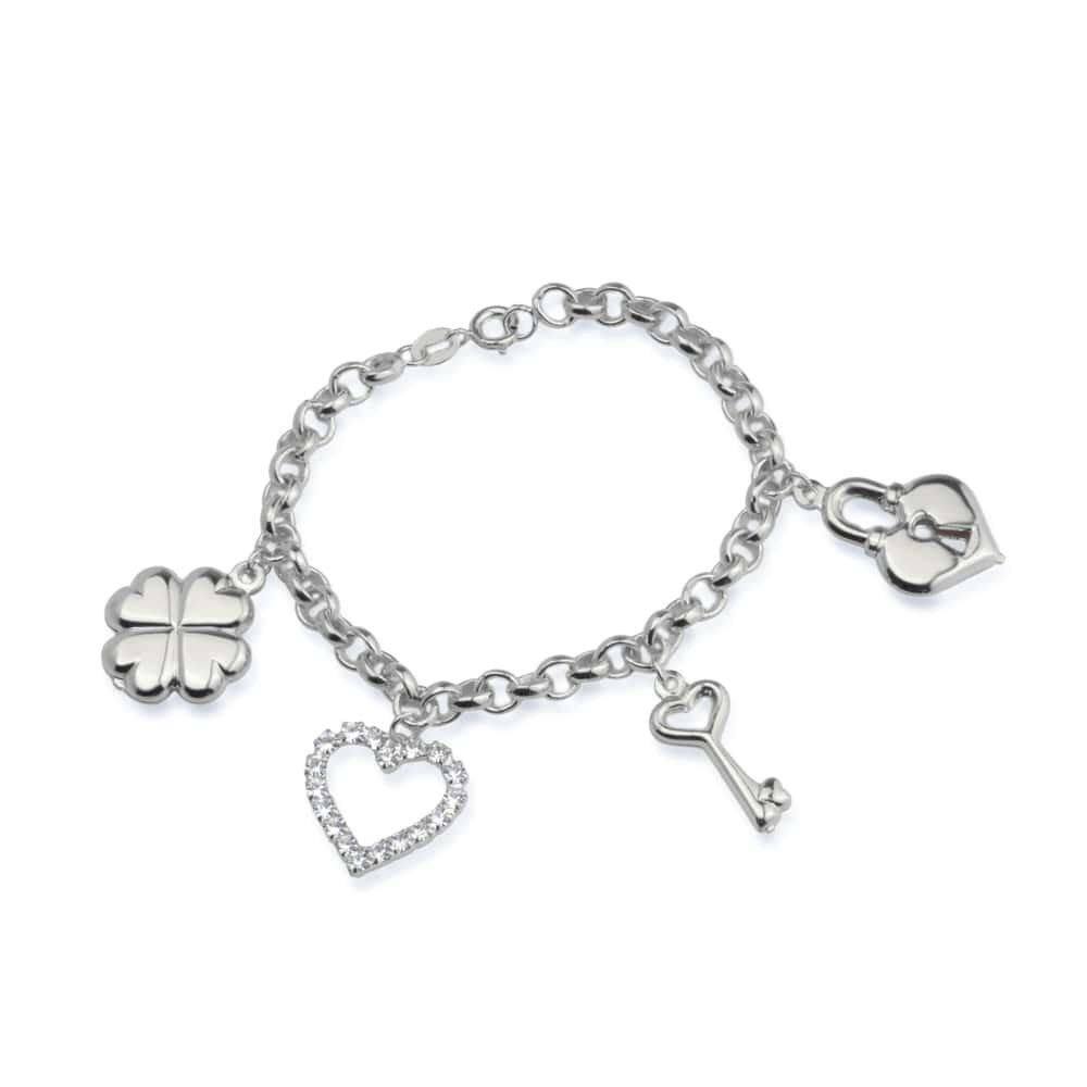 Pulseira Prateada Elo Português Coração, Cadeado, Trevo E