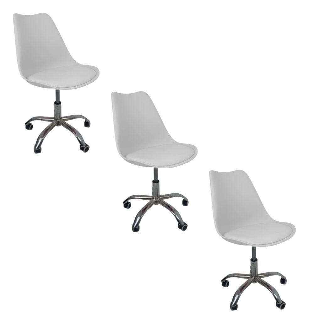 Kit 3 Cadeiras Office Base Cromada Com Rodizio Giratória Saarinen Branco