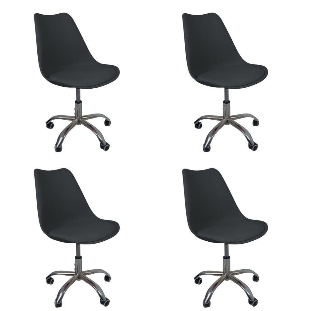 Kit 4 Cadeiras Office Base Cromada Com Rodizio Giratória Saarinen Preto