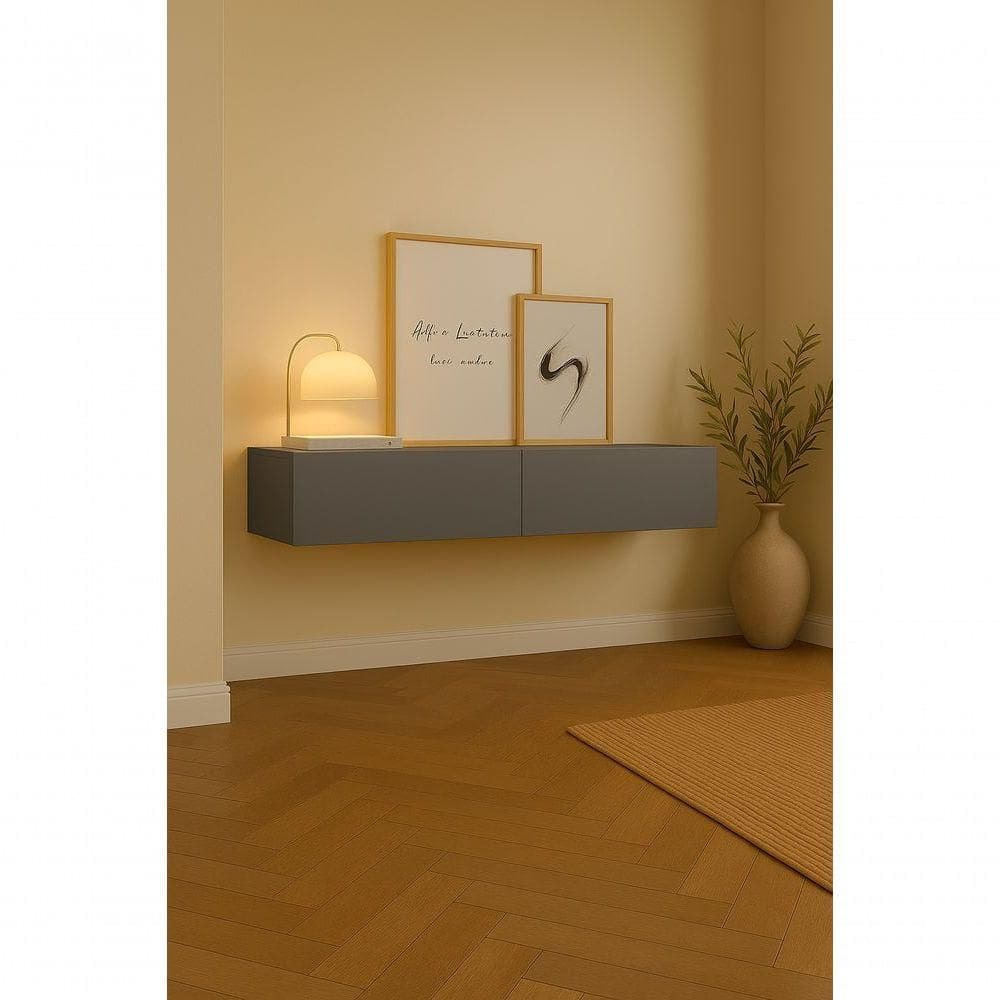 Aparador Bancada 110cm Suspenso 2 Gavetas Em Mdf Estilo Clássico Cinza