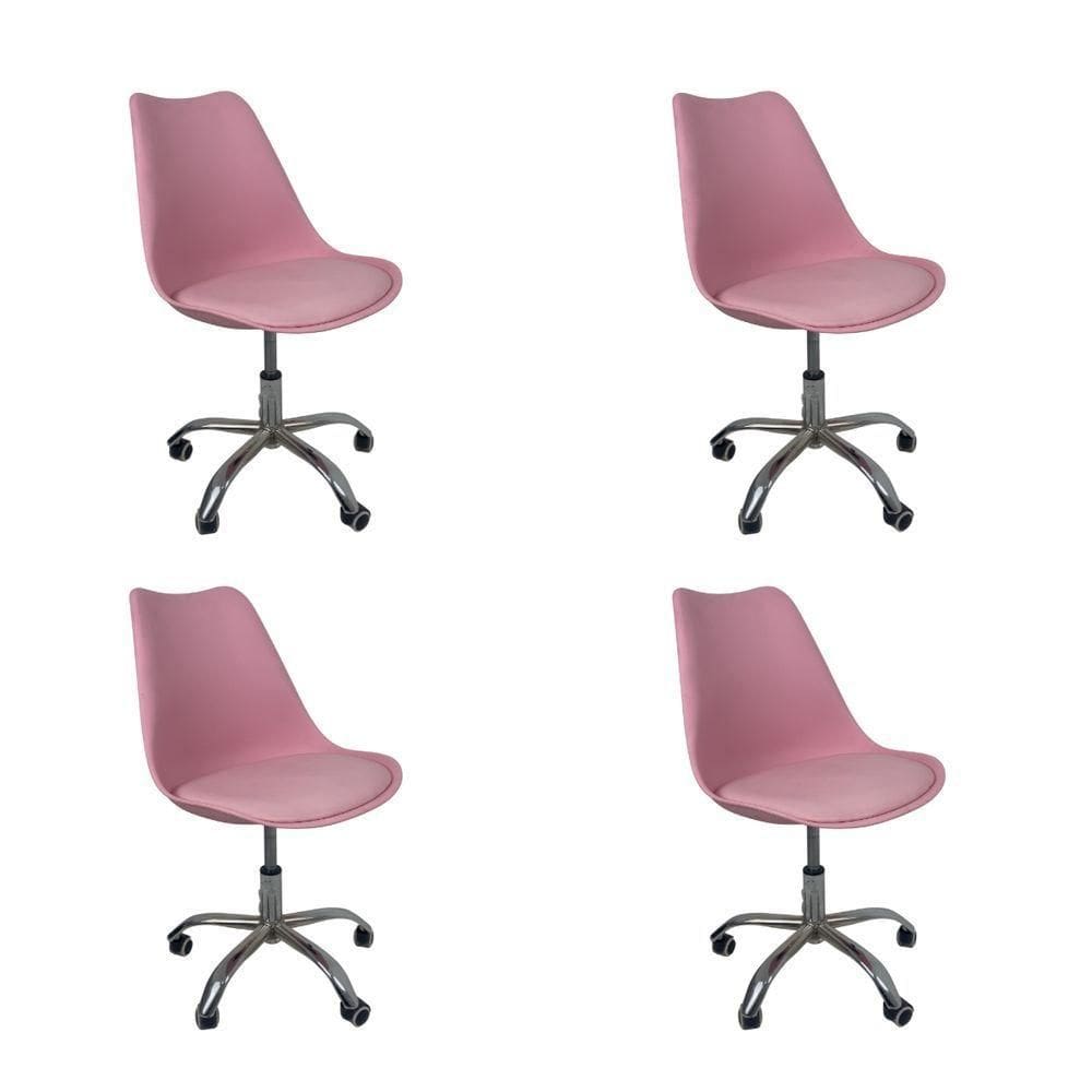 Kit 4 Cadeiras Office Base Cromada Com Rodizio Giratória Saarinen Rosa