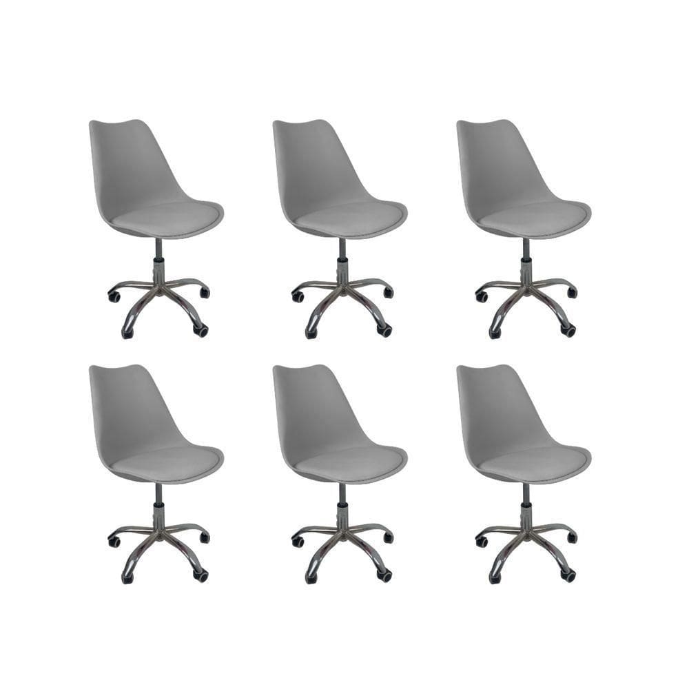 Kit 6 Cadeiras Office Base Cromada Com Rodizio Giratória Saarinen Cinza